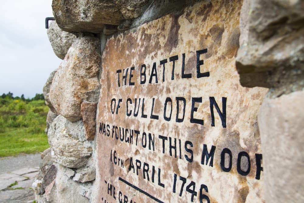 The Battle of Culloden memorial stone inscribed 'The Battle of Culloden Was Fought on This Moor 16th April 1746'